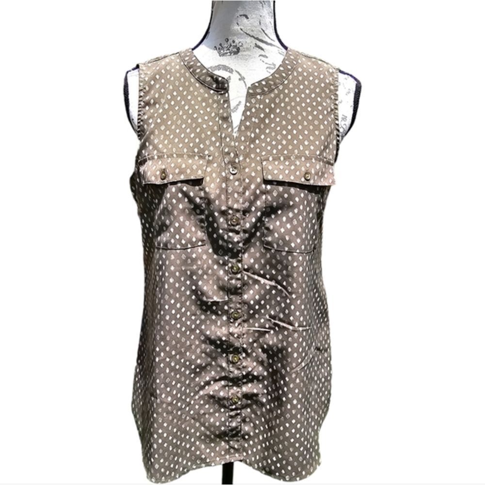 Croft & Barrow -1517 Olive White Speckled Split V-Neck Chest Pockets Blouse S